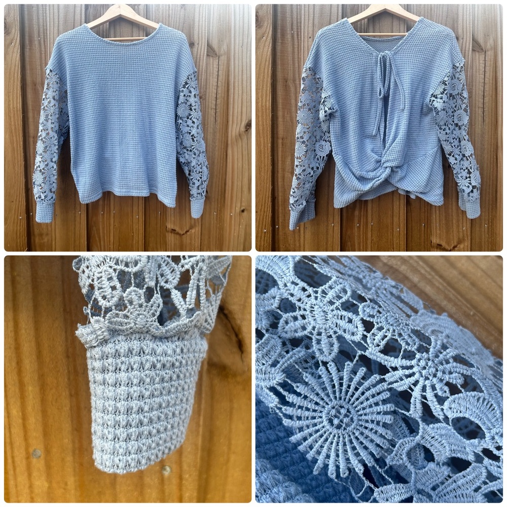 Boho Light Blue Waffle Knit Sweater with Floral Lace Sleeves and open back